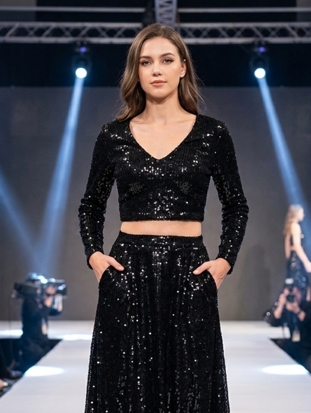 Allegra K Black Sequin V-Neck Crop Top - Picture 3 of 6